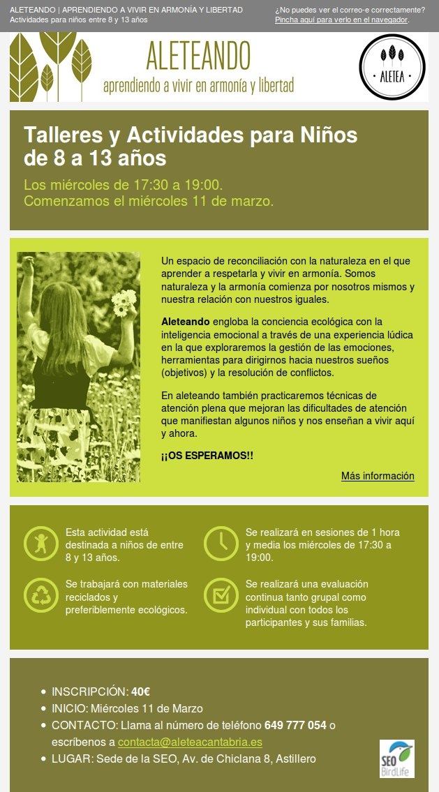 E-mail en html para la campaña Aleteando de Aletea Cantabria.