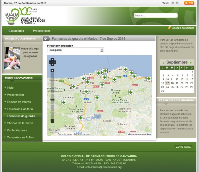 Pharmacies on duty map. Oficial Pharmacists School of Cantabria