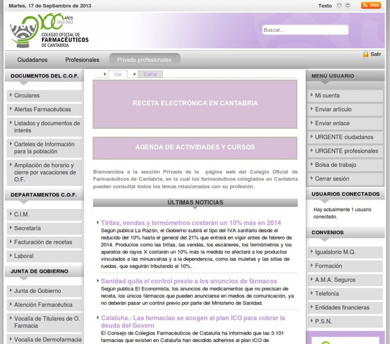 Registered members homepage. Oficial Pharmacists School of Cantabria